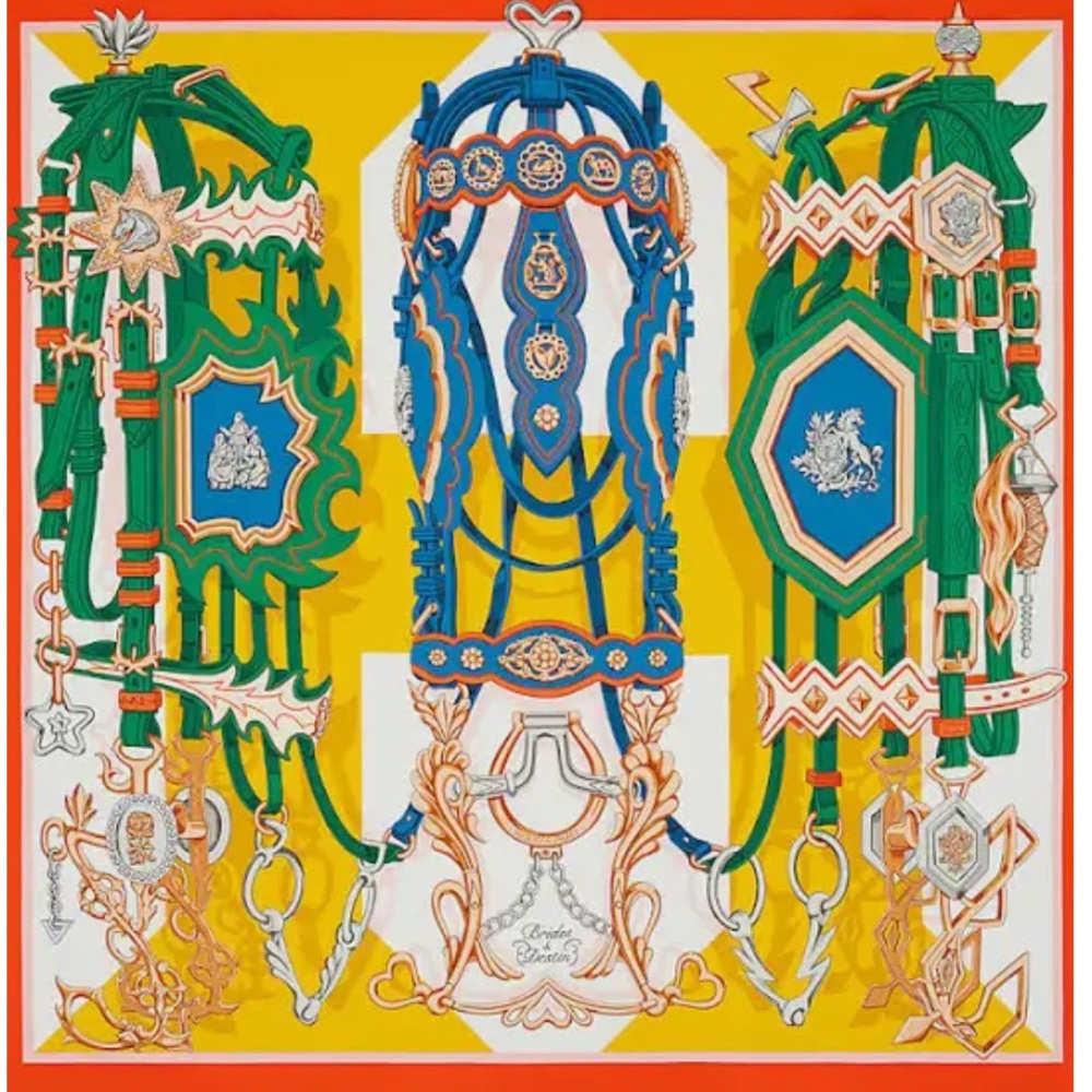 Hermes Colorful Silk Scarf with Equestrian Print